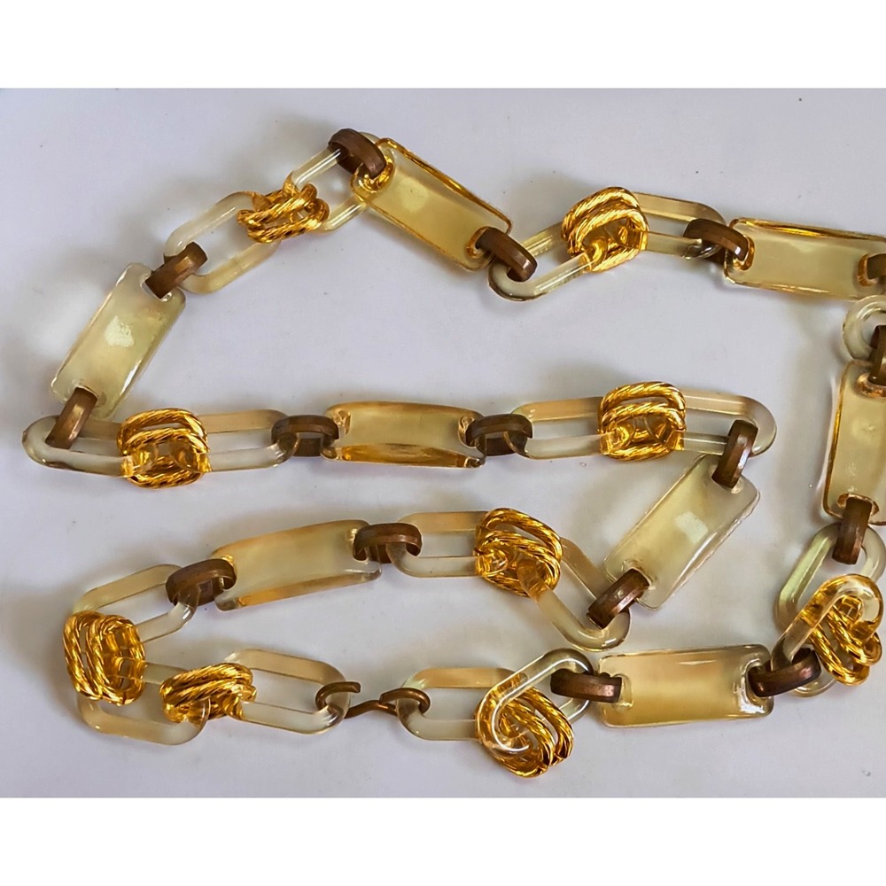 Chunky Lucite Geometric Strand Light Honey Tone Darkened Brass Links 36"
